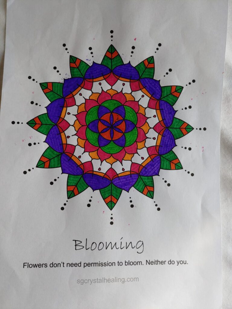 "How to use Oracle Mandalas: Coloring In" depicts a beautiful mandala titled Blooming, coloured in with purple, pink, green and orange colours.